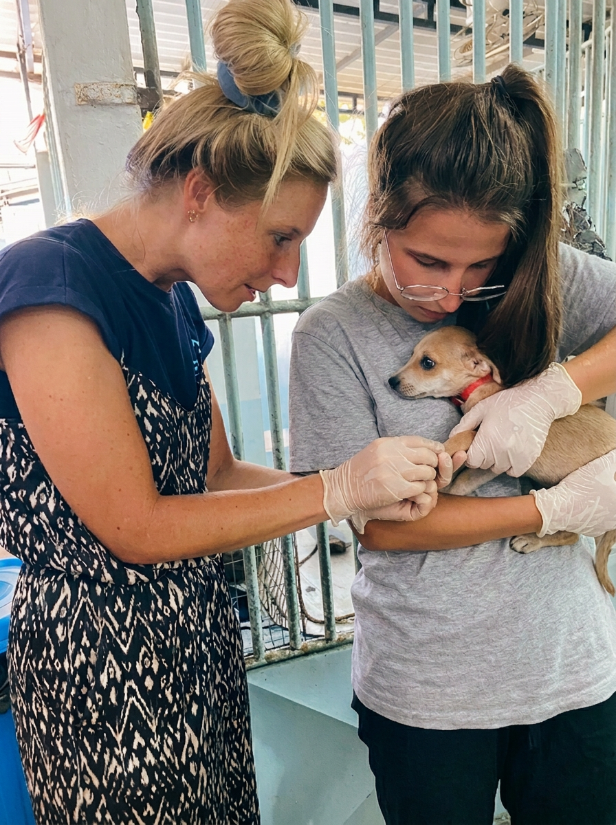 Caroline examining a puppy with a colleague at a veterinary clinic