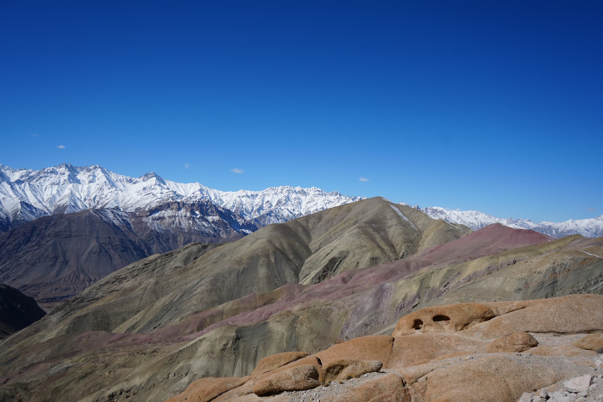 Snow-capped Himalayan peaks above the high-altitude Ladakh landscape