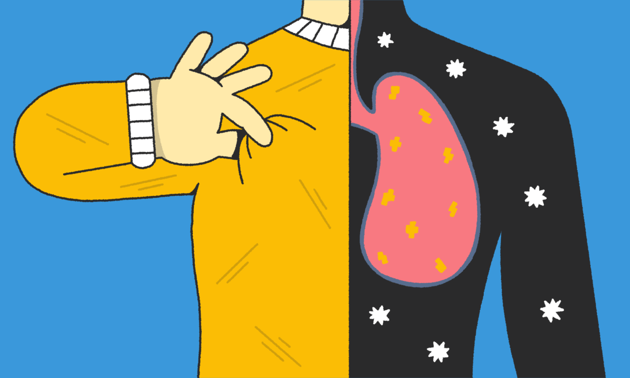 Illustration of a person with one half showing lungs and pollution