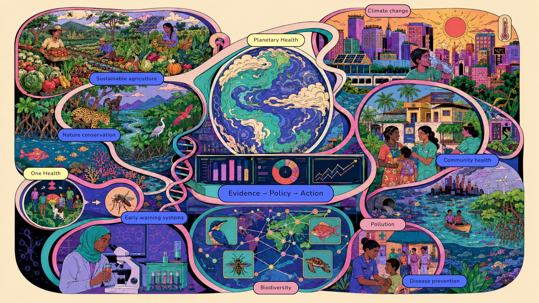 Illustrated overview of Caroline Bulstra's work, connecting planetary health, One Health, biodiversity, climate change and community health through evidence, policy and action