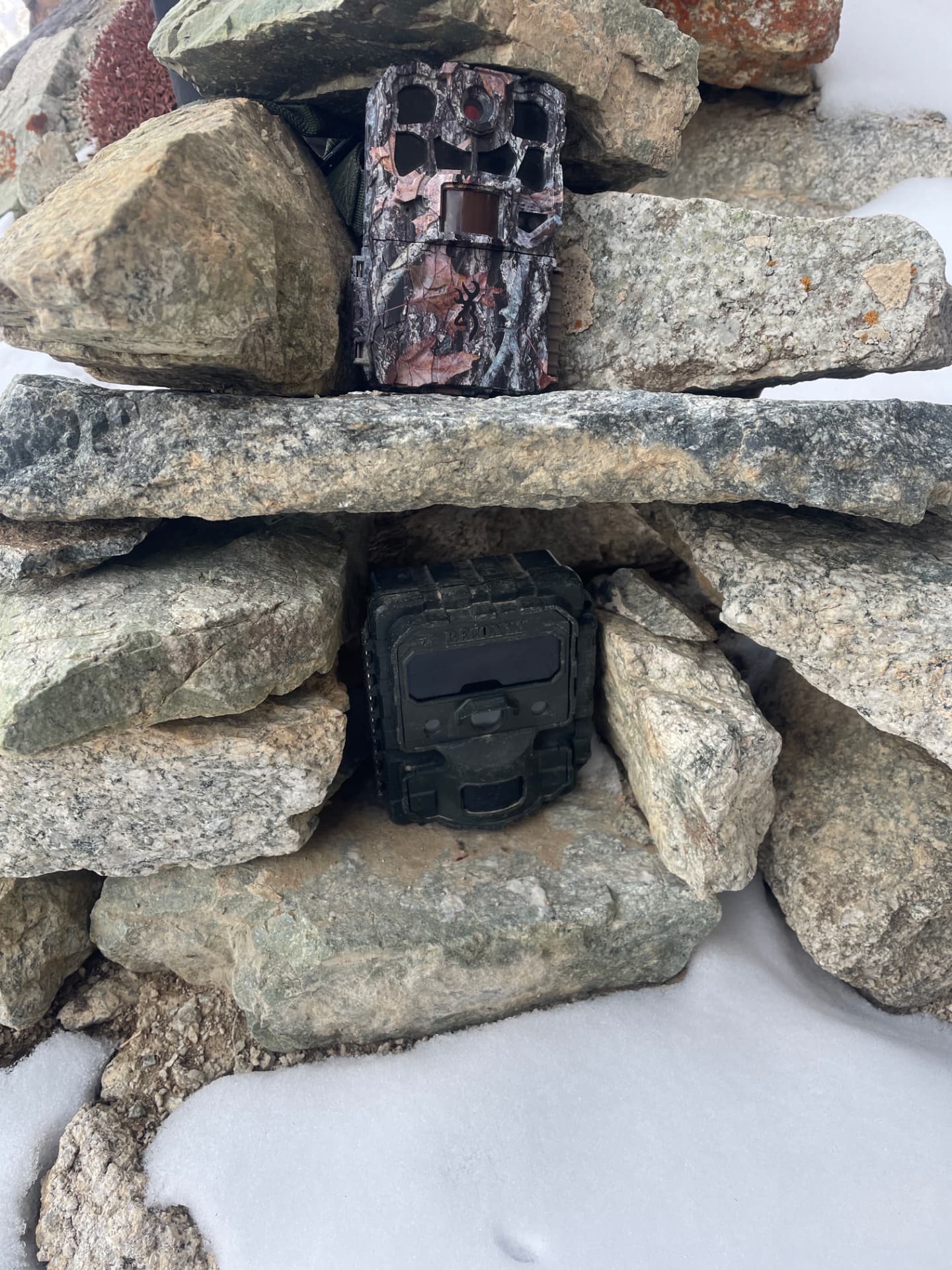 Camera traps hidden in a stone cairn